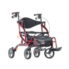 Lightweight red rollator transport chair with four wheels, seat, and footrests