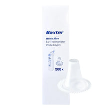 Box of Welch Allyn ear thermometer probe covers with one cover displayed in front.