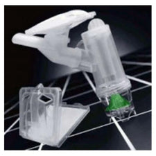 Transparent plastic nebulizer kit with green valve on a dark grid background, respiratory supply