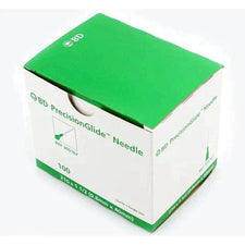 Box of BD PrecisionGlide sterile medical needles, 21G x 1 1/2 inch, 100 count, white and green packaging.