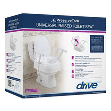 Universal raised toilet seat with armrests for bathroom safety, displayed in retail packaging.