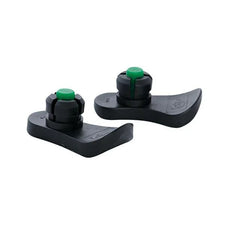 Pair of black walker glides with green tips for mobility aid stability on smooth floors