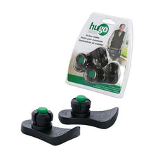 Black walker glides pair with green accents and retail packaging for mobility aid