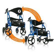 Blue side-folding rolling walker and transport chair with large wheels and dual-use design