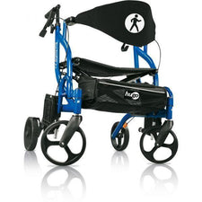 Blue folding rolling walker and transport chair with large wheels and black seat