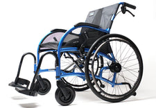 Lightweight blue manual wheelchair with black mesh seat and large rear wheels