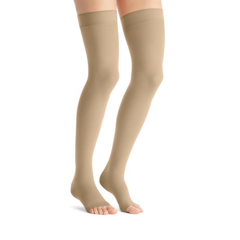 JOBST Opaque Compression Stockings Thigh High Silicone Dot Band Open Toe Natural