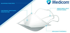 White surgical N95 respirator mask with adjustable nose piece and comfort bands