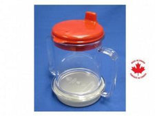 Clear weighted mug with handle and red spill-proof lid, ideal for home care or medical use