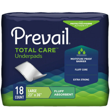Prevail Total Care underpads package, large 23x36 inch, 18 count, for incontinence