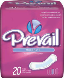 Prevail moderate bladder control pads package, 20 count, purple packaging with product image
