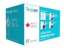 Box of blue pediatric ASTM Level 1 face masks with ear loops, 50 count, made in Canada