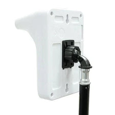Adjustable white telescope stand mount with black connector on a white background