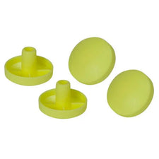Yellow tennis ball-style walker glides with replaceable pads on white background.